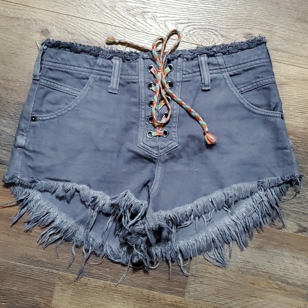 We the free by free people fringe cutoff denim grey lace up shorts distressed